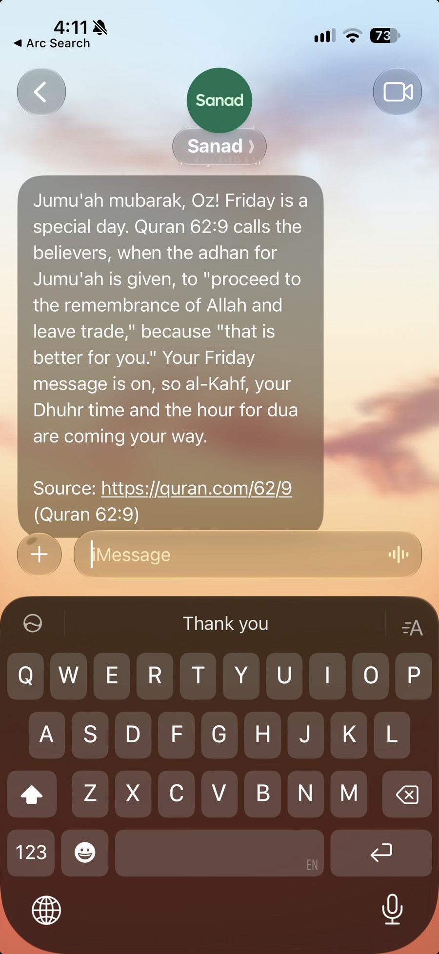 Sanad sends a Friday reminder with Quran 62:9 and confirms reminders for al-Kahf, Dhuhr and dua.