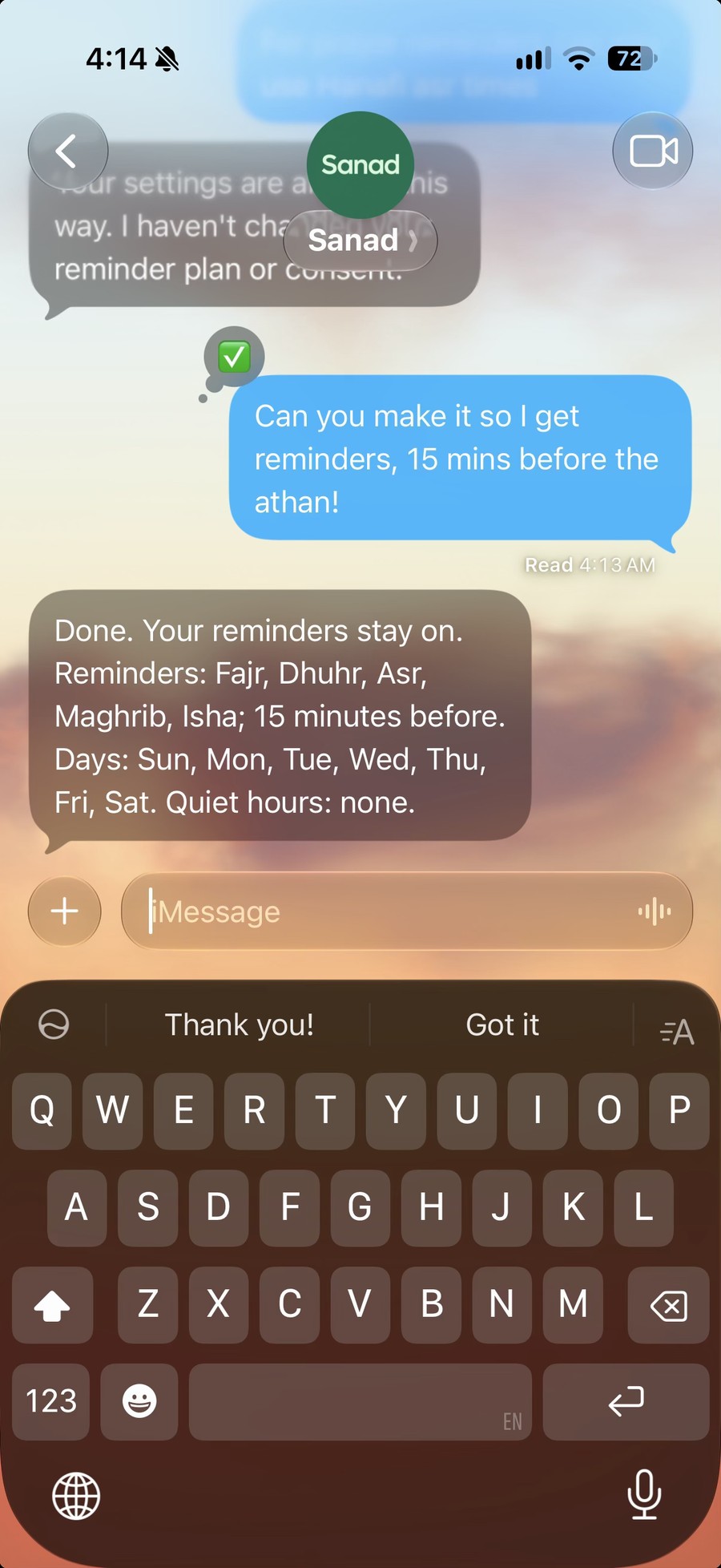 A request in Messages to set reminders 15 minutes before each prayer, followed by Sanad confirming the updated settings.
